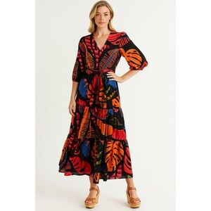 Maude Vivante Dress Size M Multi Color Leaf Pattern Maxi Half Sleeve Wrap Tie